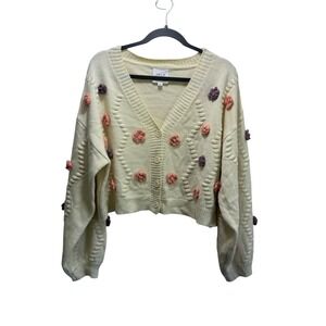Le Lis Crop Knit Flower Cottagecore Cardigan Cream 3D Crochet Aplique Sweater L